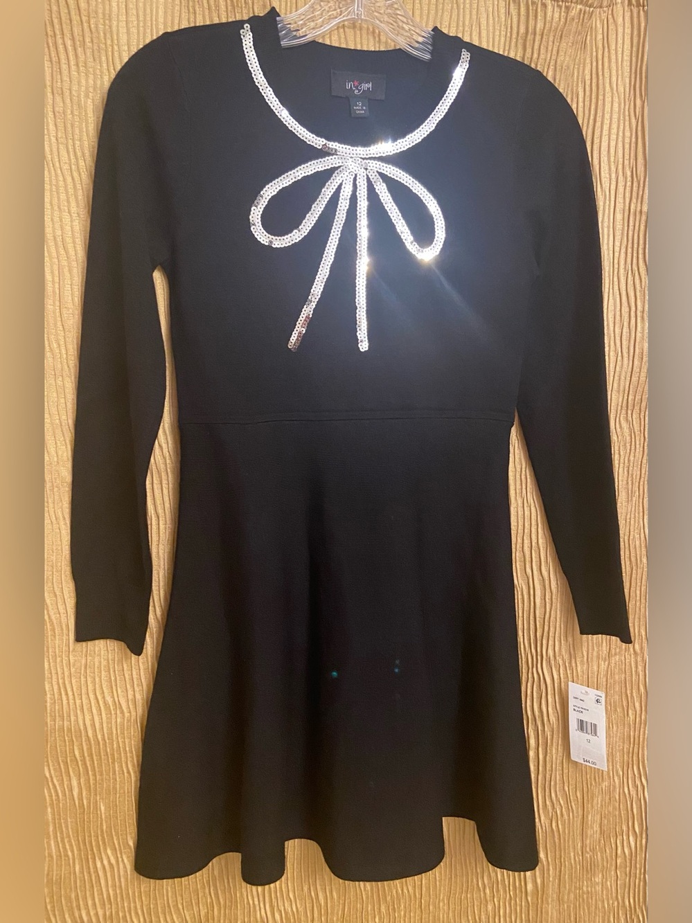 I.N. Girl Size 12 Black Sequin-Trim Long Sleeve Dress